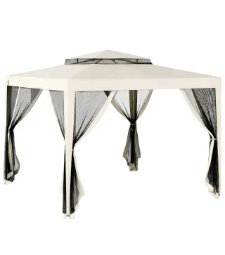 Carpa de Jardín 3x3 m Cenador Gazebo con 4 Mosquiteras Laterales Techo Doble 8 Orificios de Drenaje Marco de Metal Crema