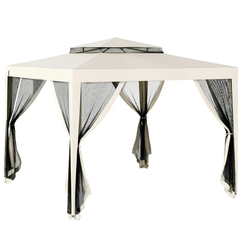 Carpa de Jardín 3x3 m Cenador Gazebo con 4 Mosquiteras Laterales Techo Doble 8 Orificios de Drenaje Marco de Metal Crema