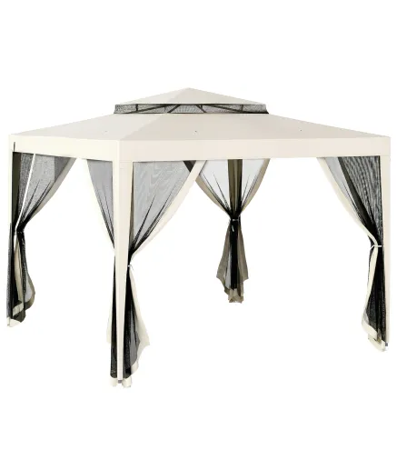 Carpa de Jardín 3x3 m Cenador Gazebo con 4 Mosquiteras Laterales Techo Doble 8 Orificios de Drenaje Marco de Metal Crema