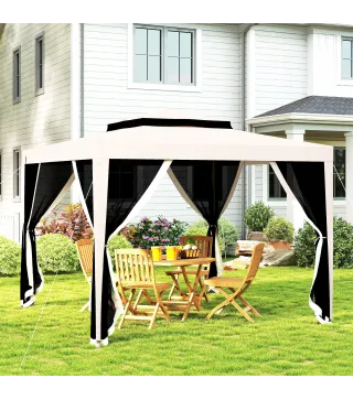 Carpa de Jardín 3x3 m Cenador Gazebo con 4 Mosquiteras Laterales Techo Doble 8 Orificios de Drenaje Marco de Metal Crema