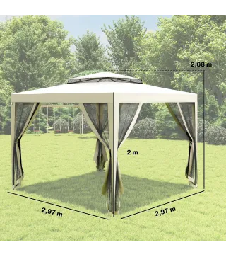 Carpa de Jardín 3x3 m Cenador Gazebo con 4 Mosquiteras Laterales Techo Doble 8 Orificios de Drenaje Marco de Metal Crema