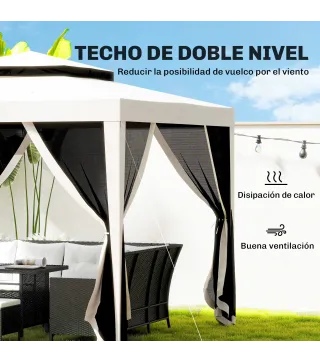 Carpa de Jardín 3x3 m Cenador Gazebo con 4 Mosquiteras Laterales Techo Doble 8 Orificios de Drenaje Marco de Metal Crema