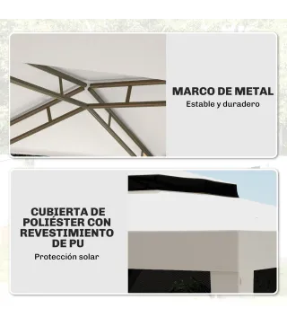 Carpa de Jardín 3x3 m Cenador Gazebo con 4 Mosquiteras Laterales Techo Doble 8 Orificios de Drenaje Marco de Metal Crema