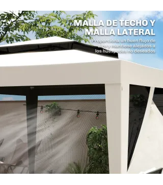 Carpa de Jardín 3x3 m Cenador Gazebo con 4 Mosquiteras Laterales Techo Doble 8 Orificios de Drenaje Marco de Metal Crema