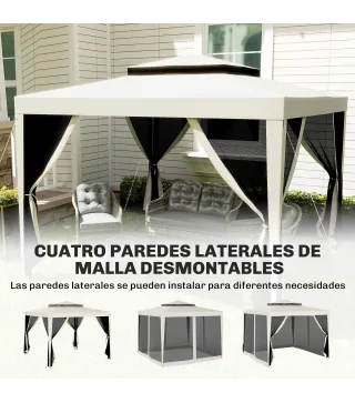 Carpa de Jardín 3x3 m Cenador Gazebo con 4 Mosquiteras Laterales Techo Doble 8 Orificios de Drenaje Marco de Metal Crema