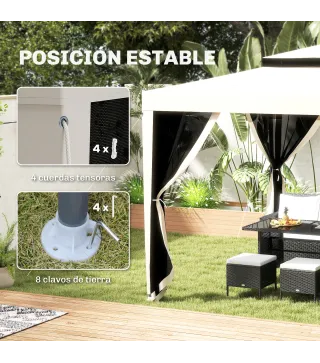 Carpa de Jardín 3x3 m Cenador Gazebo con 4 Mosquiteras Laterales Techo Doble 8 Orificios de Drenaje Marco de Metal Crema