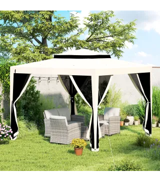 Carpa de Jardín 3x3 m Cenador Gazebo con 4 Mosquiteras Laterales Techo Doble 8 Orificios de Drenaje Marco de Metal Crema