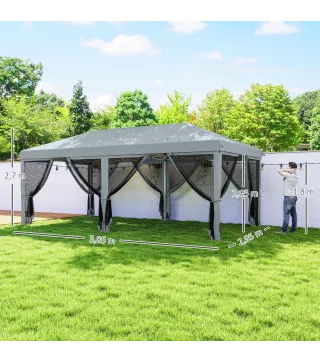 Carpa Plegable Pop-Up Gazebo 6x3 m con 6 Paredes Laterales de Malla Anti-UV y Bolsa de Transporte Gris