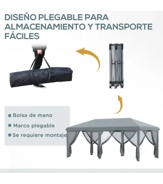 Carpa Plegable Pop-Up Gazebo 6x3 m con 6 Paredes Laterales de Malla Anti-UV y Bolsa de Transporte Gris