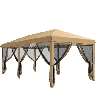 Carpa Plegable 6x3 m Cenador de Jardín con 6 Mosquiteras Bolsa de Transporte y Marco de Acero para Camping Fiestas Beige
