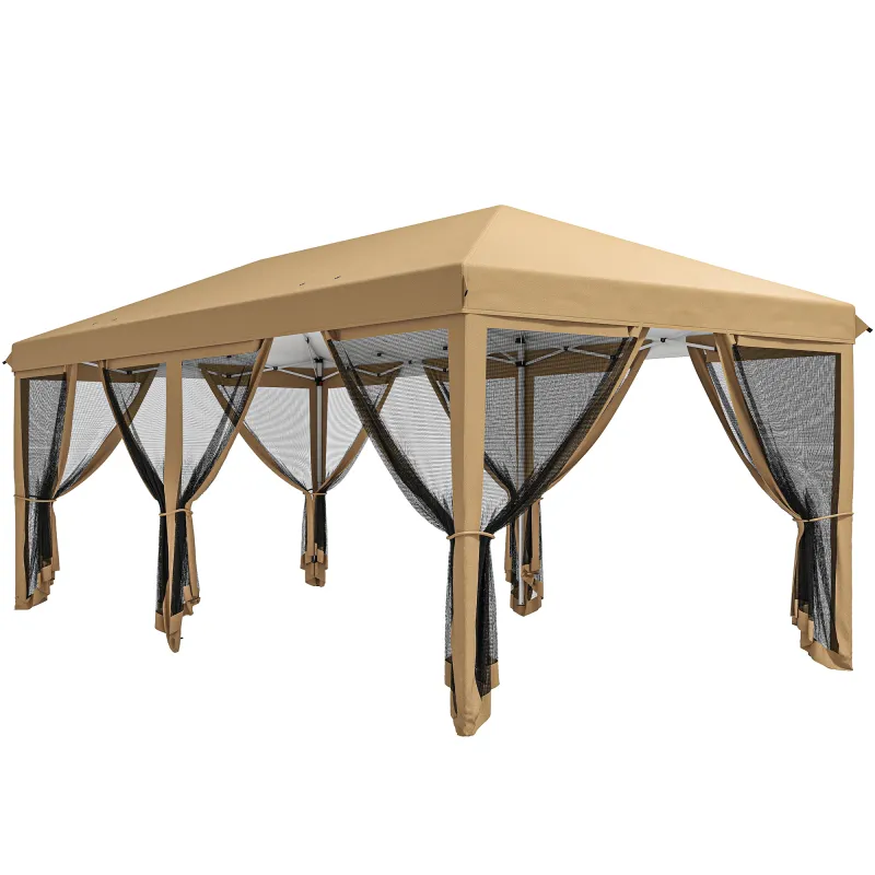 Carpa Plegable 6x3 m Cenador de Jardín con 6 Mosquiteras Bolsa de Transporte y Marco de Acero para Camping Fiestas Beige