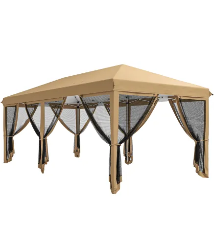 Carpa Plegable 6x3 m Cenador de Jardín con 6 Mosquiteras Bolsa de Transporte y Marco de Acero para Camping Fiestas Beige