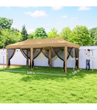 Carpa Plegable 6x3 m Cenador de Jardín con 6 Mosquiteras Bolsa de Transporte y Marco de Acero para Camping Fiestas Beige