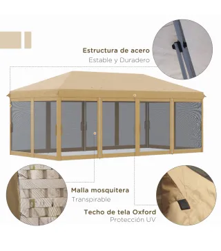 Carpa Plegable 6x3 m Cenador de Jardín con 6 Mosquiteras Bolsa de Transporte y Marco de Acero para Camping Fiestas Beige