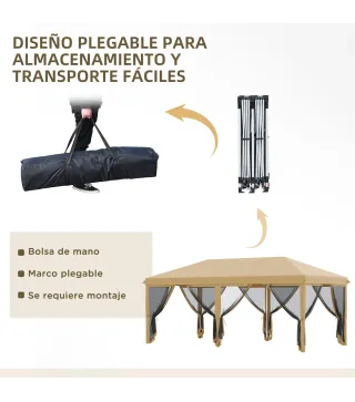 Carpa Plegable 6x3 m Cenador de Jardín con 6 Mosquiteras Bolsa de Transporte y Marco de Acero para Camping Fiestas Beige