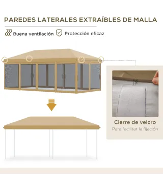 Carpa Plegable 6x3 m Cenador de Jardín con 6 Mosquiteras Bolsa de Transporte y Marco de Acero para Camping Fiestas Beige