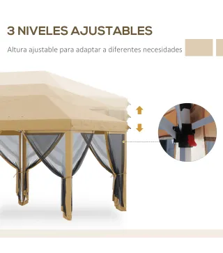 Carpa Plegable 6x3 m Cenador de Jardín con 6 Mosquiteras Bolsa de Transporte y Marco de Acero para Camping Fiestas Beige