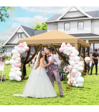 Carpa Plegable 6x3 m Cenador de Jardín con 6 Mosquiteras Bolsa de Transporte y Marco de Acero para Camping Fiestas Beige