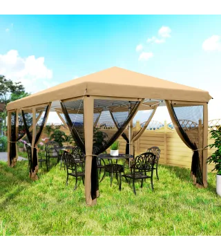 Carpa Plegable 6x3 m Cenador de Jardín con 6 Mosquiteras Bolsa de Transporte y Marco de Acero para Camping Fiestas Beige