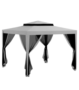 Carpa de Jardín 3x3 m Cenador Gazebo con 4 Mosquiteras Laterales Techo Doble 8 Orificios de Drenaje Marco de Metal Gris