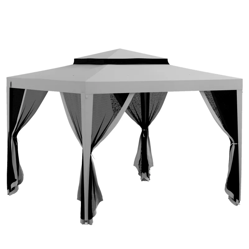 Carpa de Jardín 3x3 m Cenador Gazebo con 4 Mosquiteras Laterales Techo Doble 8 Orificios de Drenaje Marco de Metal Gris