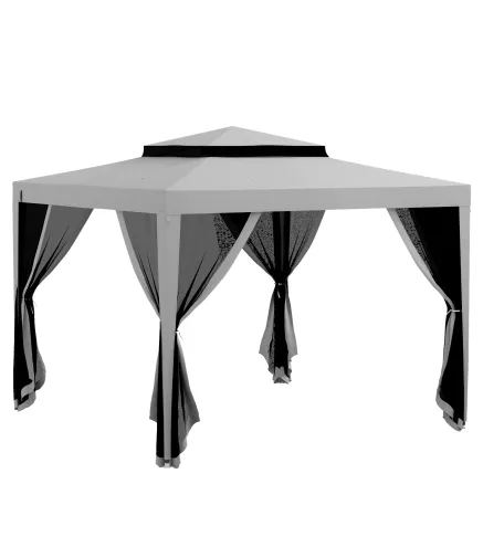 Carpa de Jardín 3x3 m Cenador Gazebo con 4 Mosquiteras Laterales Techo Doble 8 Orificios de Drenaje Marco de Metal Gris