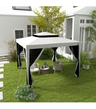 Carpa de Jardín 3x3 m Cenador Gazebo con 4 Mosquiteras Laterales Techo Doble 8 Orificios de Drenaje Marco de Metal Gris