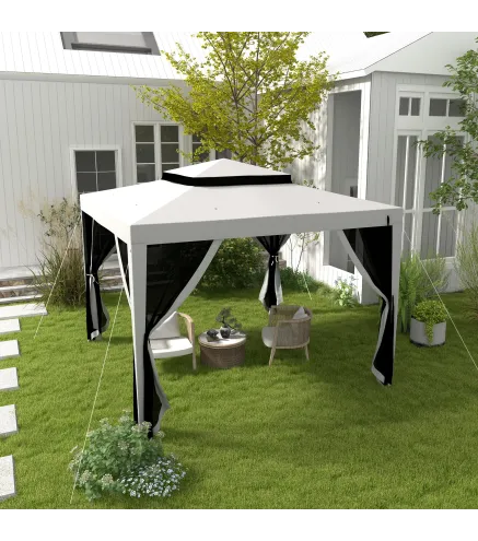 Carpa de Jardín 3x3 m Cenador Gazebo con 4 Mosquiteras Laterales Techo Doble 8 Orificios de Drenaje Marco de Metal Gris
