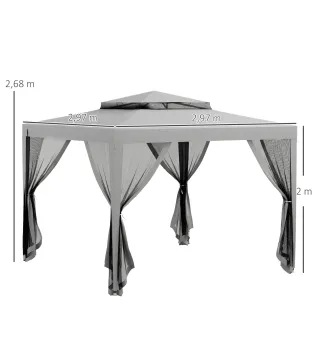Carpa de Jardín 3x3 m Cenador Gazebo con 4 Mosquiteras Laterales Techo Doble 8 Orificios de Drenaje Marco de Metal Gris