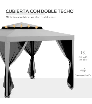 Carpa de Jardín 3x3 m Cenador Gazebo con 4 Mosquiteras Laterales Techo Doble 8 Orificios de Drenaje Marco de Metal Gris