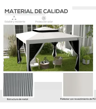 Carpa de Jardín 3x3 m Cenador Gazebo con 4 Mosquiteras Laterales Techo Doble 8 Orificios de Drenaje Marco de Metal Gris