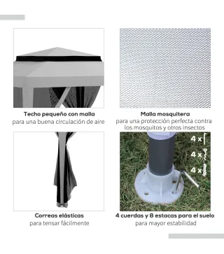Carpa de Jardín 3x3 m Cenador Gazebo con 4 Mosquiteras Laterales Techo Doble 8 Orificios de Drenaje Marco de Metal Gris
