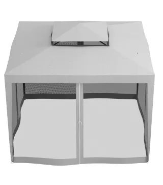 Carpa de Jardín 3x3 m Cenador Gazebo con 4 Mosquiteras Laterales Techo Doble 8 Orificios de Drenaje Marco de Metal Gris