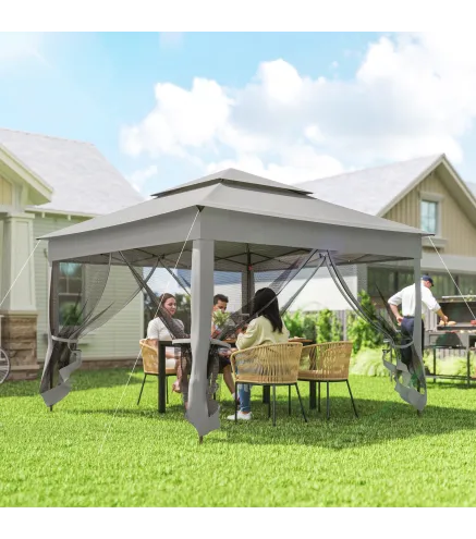 Carpa Plegable Gazebo 3,3x3,3 m con 4 Paredes Laterales de Malla Anti-UV y Bolsa de Transporte Gris Claro