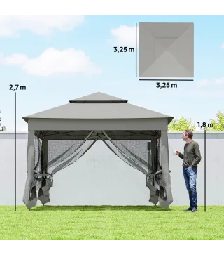 Carpa Plegable Gazebo 3,3x3,3 m con 4 Paredes Laterales de Malla Anti-UV y Bolsa de Transporte Gris Claro