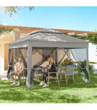Carpa Plegable Gazebo 3,3x3,3 m con 4 Paredes Laterales de Malla Anti-UV y Bolsa de Transporte Gris Claro
