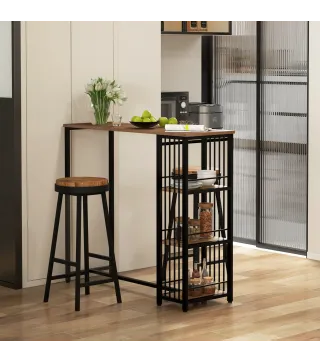 Mesa Alta Cocina con 3 Estantes Mesa Alta Bar para 2 Personas Patas de Acero para Salón 120x40x105 cm Marrón y Negro