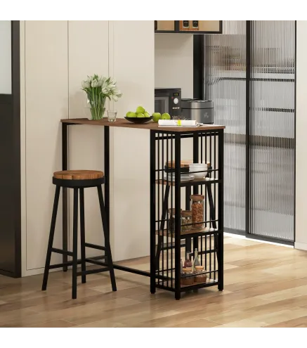 Mesa Alta Cocina con 3 Estantes Mesa Alta Bar para 2 Personas Patas de Acero para Salón 120x40x105 cm Marrón y Negro
