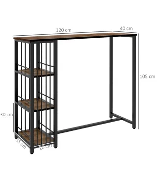 Mesa Alta Cocina con 3 Estantes Mesa Alta Bar para 2 Personas Patas de Acero para Salón 120x40x105 cm Marrón y Negro