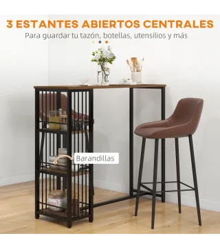 Mesa Alta Cocina con 3 Estantes Mesa Alta Bar para 2 Personas Patas de Acero para Salón 120x40x105 cm Marrón y Negro