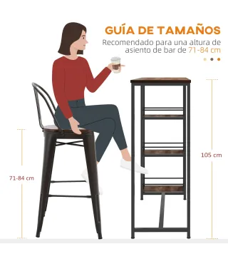 Mesa Alta Cocina con 3 Estantes Mesa Alta Bar para 2 Personas Patas de Acero para Salón 120x40x105 cm Marrón y Negro