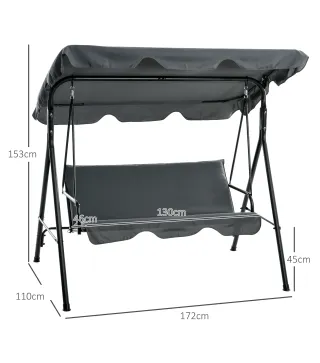 Balancín de Jardín Exterior Columpio de 3 Plazas con Toldo Ajustable y Marco de Acero para Exterior 172x110x153 cm Gris