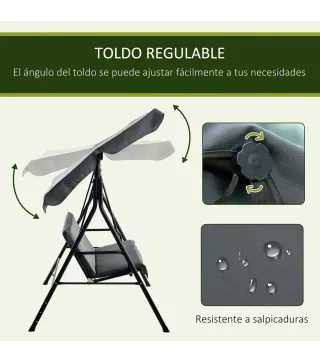 Balancín de Jardín Exterior Columpio de 3 Plazas con Toldo Ajustable y Marco de Acero para Exterior 172x110x153 cm Gris