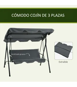 Balancín de Jardín Exterior Columpio de 3 Plazas con Toldo Ajustable y Marco de Acero para Exterior 172x110x153 cm Gris