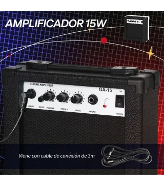 Kit Guitarra Eléctrica de Iniciación con Amplificador 15W Afinador Digital Cuerdas Correa 3 Púas y Funda Negro
