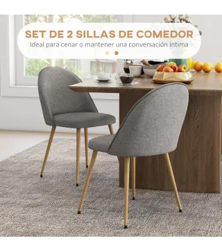 Pack de 2 Sillas de Comedor Sillas de Cocina Tapizadas de Tela de Lino con Patas de Acero Carga 120 kg 50x52x83 cm Gris