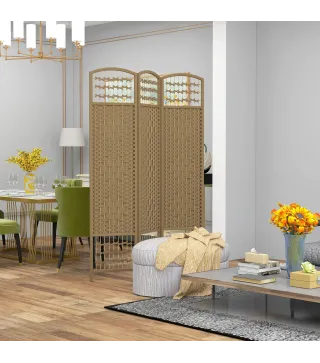 Biombo Separador de Ambientes de 3 Paneles Plegable de Cuerda de Papel 120x170cm Decoración para Dormitorio Natural