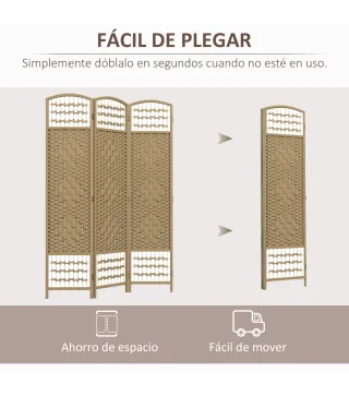 Biombo Separador de Ambientes de 3 Paneles Plegable de Cuerda de Papel 120x170cm Decoración para Dormitorio Natural