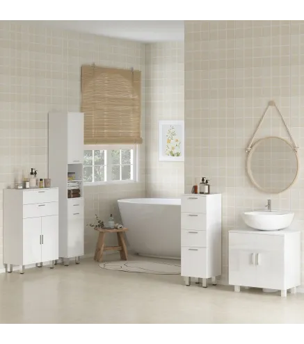 Mueble Auxiliar Baño Moderno con 2 Cajones Armario y Estantes Ajustables Antivuelco Carga 35 kg 60x30x93 cm Blanco