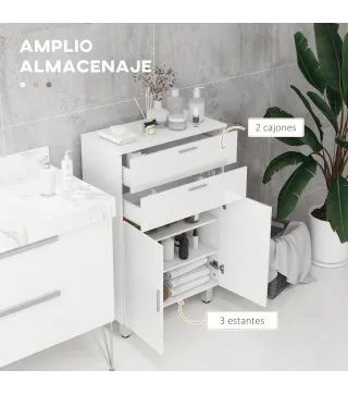 Mueble Auxiliar Baño Moderno con 2 Cajones Armario y Estantes Ajustables Antivuelco Carga 35 kg 60x30x93 cm Blanco